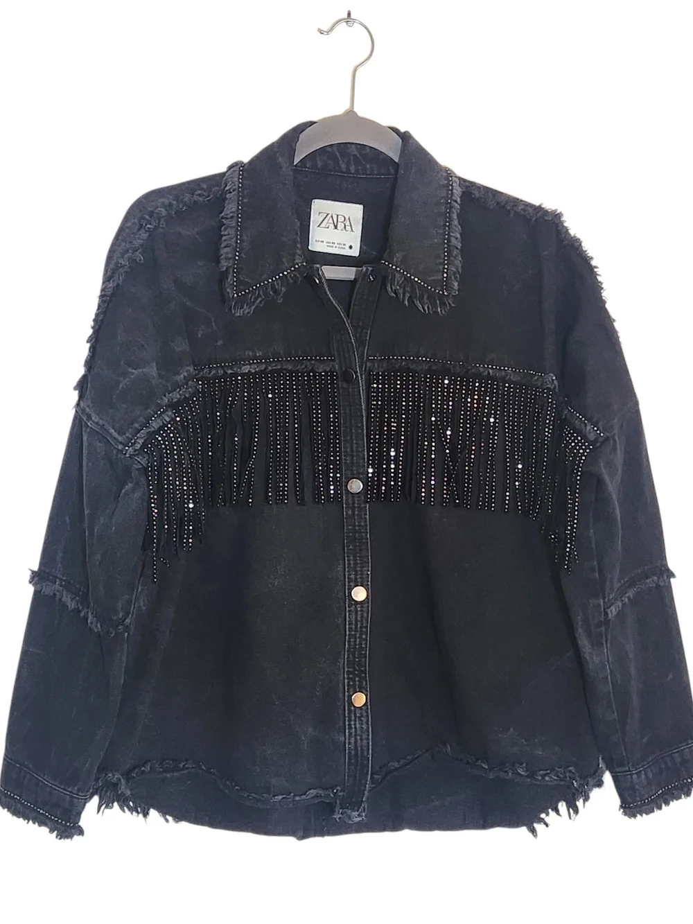 Zara Black Rhinestone Fringe Distressed Denim Jacket Size XS